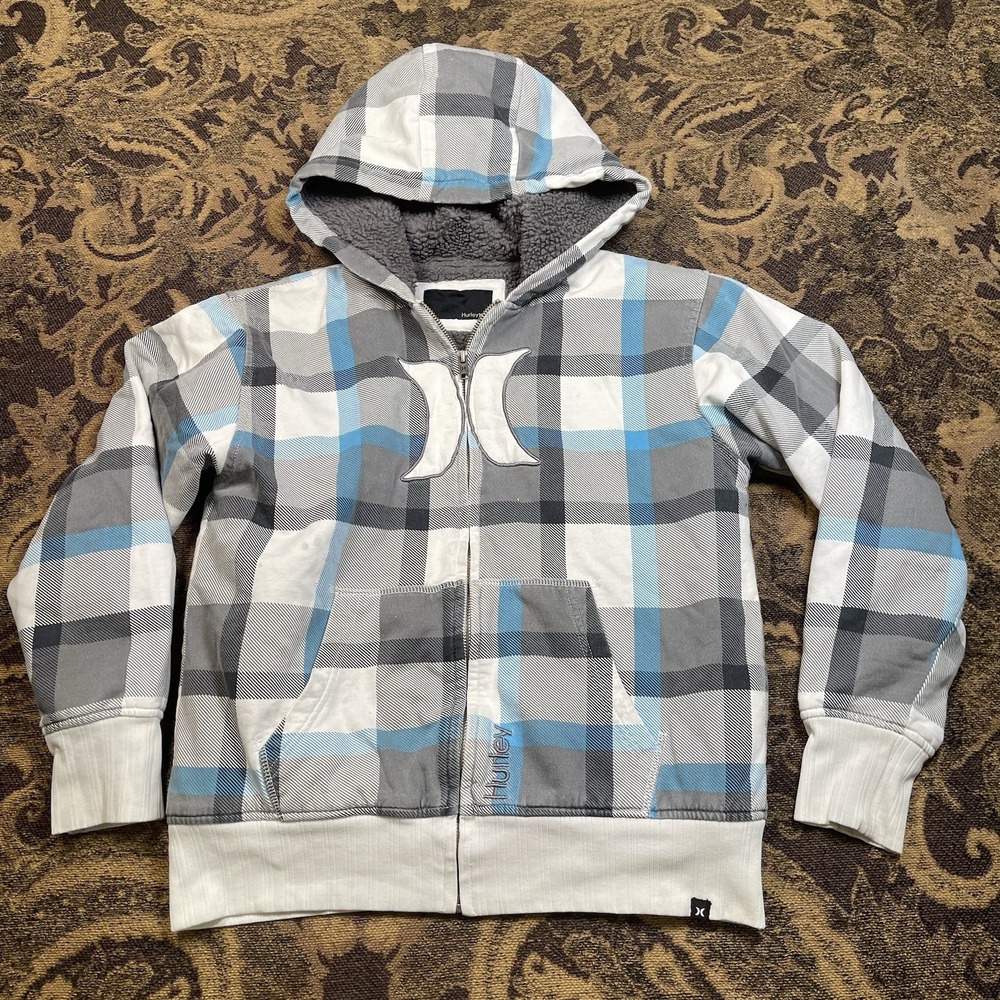 Hurley Boys Blue Plaid Sherpa Lined Full Zip Hoodie Sweatshirt Size Medium 10/12